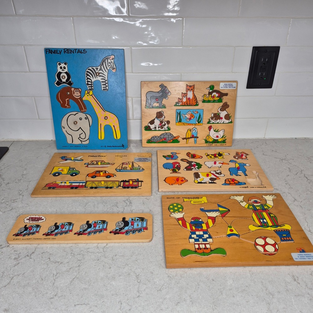 Fisher-Price Simplex Vintage Wooden Peg Puzzle Lot of 6 Thomas Animals Kids